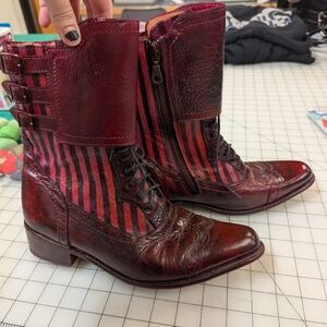 Red Lace Up Boots with Striped Pattern and Glossy Finish